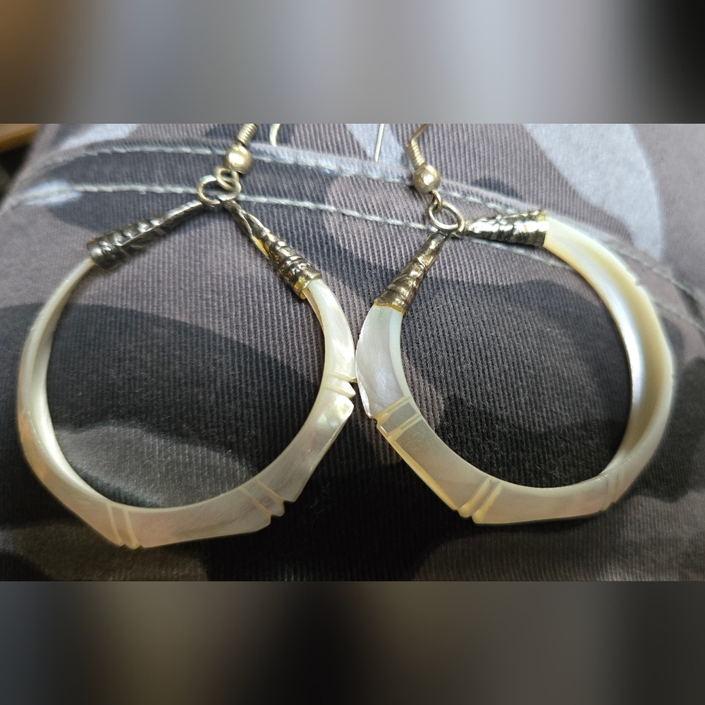 Abalone fresh shell & sterling Hoop Earrings - Picture 5 of 6